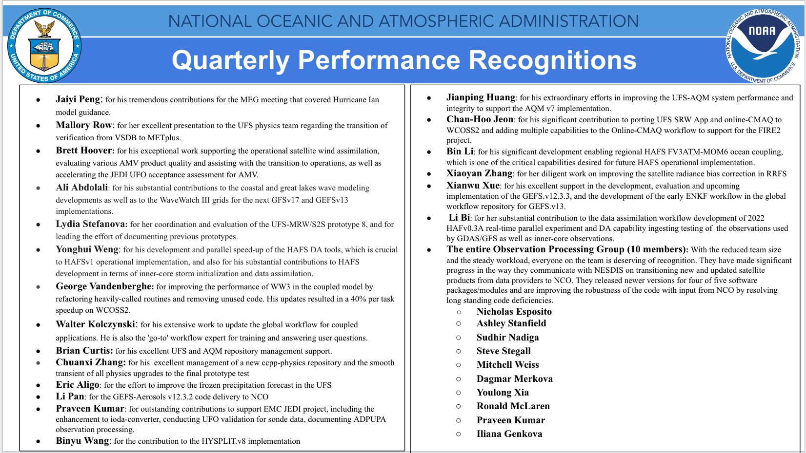 NOAA Quarterly Performance Recognitions 1668609355488
